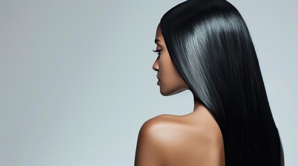 Fototapeta premium long, straight hair cascading down the back from behind, in real-life settings against a white background, illuminated by natural light, showcasing both black and other hair shades.