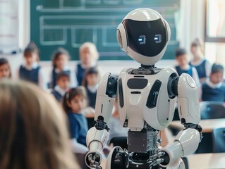 Automatic human-like robot standing in front of class with pupils and teaching them of robotics. 
