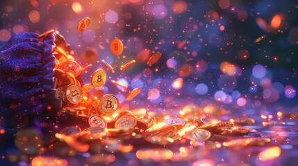 3D concept.A blue purse spills out numerous glowing Bitcoin coins against a vibrant, bokeh light background.3D concept.