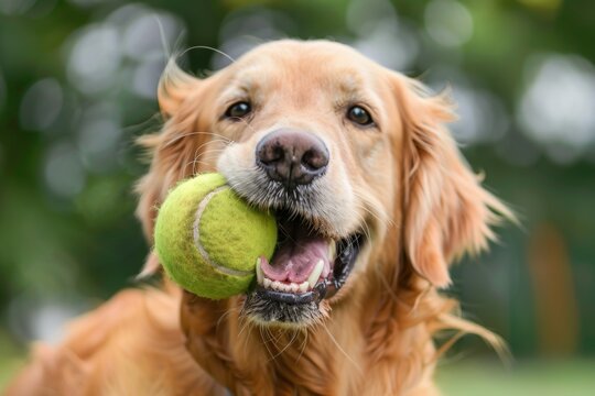 A happy dog holding a tennis ball in its mouth, a classic image of playfulness and pet ownership