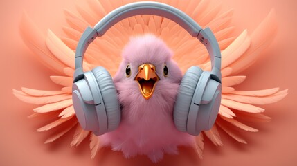 Pink Bird Wearing Headphones