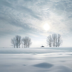 Fototapeta na wymiar Solitude of Winter: Tranquil Snowfield under Overcast Sky with Solitary Cabin and Bare Trees.