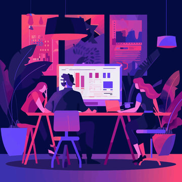 Group of People Working Together in the Office Flat Design Illustration