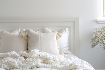 a clean and unoccupied white bed with two fluffy pillows against a white headboard, creating a minimalist and serene bedroom scene