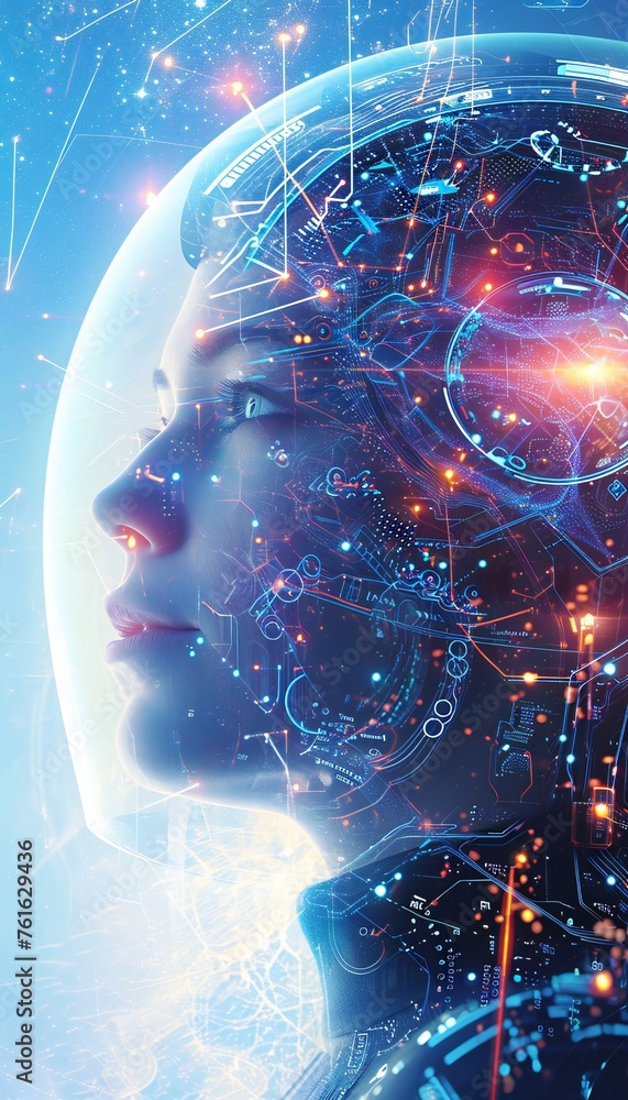 Poster digital ai face with futuristic networks