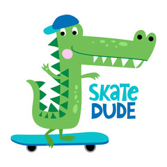 Skate dude - funny hand drawn doodle, cartoon alligator or alligator on a skateboard. Good for Poster or t-shirt textile graphic design. Vector hand drawn illustration.