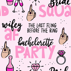 Bachelorette doodle humorous vector seamless pattern. Hen bachelorette party vector seamless pattern with wedding symbols and slogans.