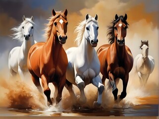 Digital painting group of horses. Generative AI - obrazy, fototapety, plakaty