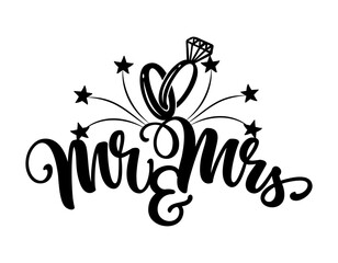 Mr and Mrs - Black hand lettered quote with diamond ring for greeting card, gift tag, label, wedding sets. Groom and bride design. Bachelorette party. Best Bride text with diamond ring.
