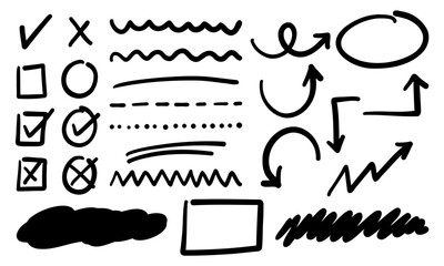 Marker check box collection - Doodle set with arrows, checkmarks, line symbols for digital notes.