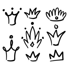 Crowns doodle design set. Retro badges. Hand drawn isolated emblem with royal symbols. Crown for queen, princess, king, prince.