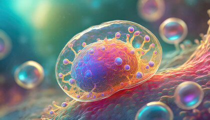 Close-up of abstract microscopic amoebas. 3D rendering. Scientific background. For medical banner or poster.