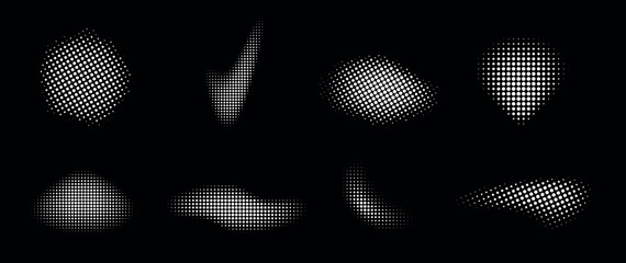 Set of white halftone dots curved gradient pattern texture backgrounds. Curve dotted spots using halftone circle dot raster texture collection. Vector blot half tone collection.