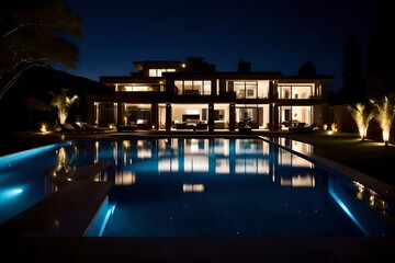 Fototapeta na wymiar luxury house in night with pool water reflaction