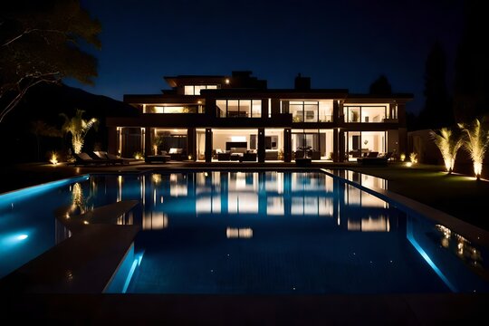 luxury house in night with pool water reflaction