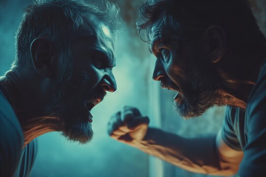 Aggressive behaviour of the adult man toward another adult man. Bad relationships, violence, fighting, melee combat concept.