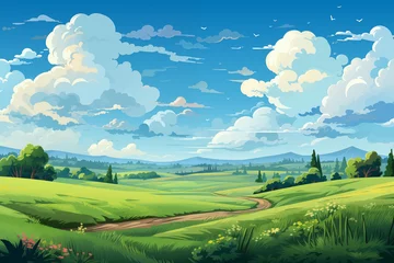 Fototapeten Cartoon landscape with skyline clouds and green field. Minimal nature panorama flat design. Modern colorful illustration © Yelyzaveta
