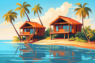 Cartoon beach houses. Tropical island landscape with summer resort and palm trees and wooden bungalow, exotic paradise panorama with villa. Flat illustration