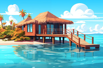 Cartoon bungalow on Maldives island. Flat tropical thatched roof villa with palm trees on beach, summer holiday resort landscape. Modern illustration