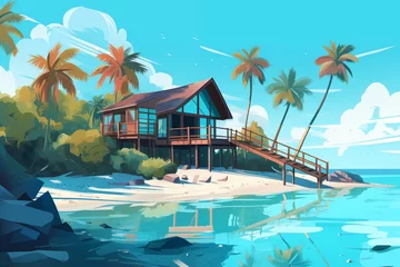 Poster Cartoon tropical island with villa. Cute flat beach house with palm trees, modern exotic landscape with summer resort bungalow. Flat illustration © Yelyzaveta
