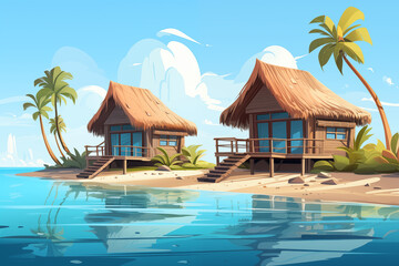 Cartoon beach houses. Tropical island landscape, modern summer resort with palm trees and tiny bungalow, exotic paradise panorama with villas. Flat illustration