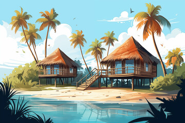 Cartoon bungalow on tropical island. Flat thatched roof villa with palm trees on beach, cute summer holiday resort landscape. Modern illustration