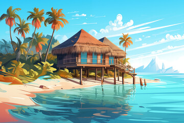 Cartoon tropical island with bungalow. Cute flat beach house with palm trees, modern exotic landscape with summer resort villa. Flat illustration