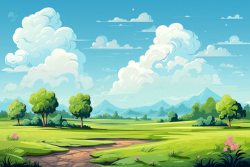 Cartoon landscape with green hills trees blue skyline. Comic clouds and fields, minimal nature panorama, meadow with green grass. Modern flat illustration
