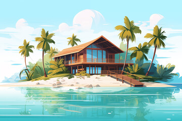 Cartoon beach house on tropical island. Summer resort with palm trees and thatched roof bungalow, exotic paradise landscape with villa. Flat illustration
