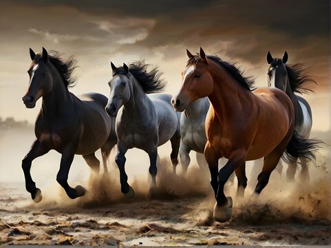 Digital painting group of horses. Generative AI