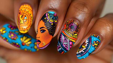Beautiful female hands with multicolored nail design. Nail art. A vibrant nail art design that celebrates the strength, diversity, empowerment of women. International Women's Day - obrazy, fototapety, plakaty
