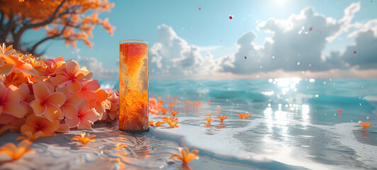 Refreshing drink on tropical beach at sunset. A cold, refreshing beverage sits on a sandy beach with orange flowers, the ocean in the background at sunset, implying a relaxing vacation vibe - obrazy, fototapety, plakaty