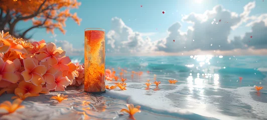 Keuken spatwand met foto Refreshing drink on tropical beach at sunset. A cold, refreshing beverage sits on a sandy beach with orange flowers, the ocean in the background at sunset, implying a relaxing vacation vibe © mandu77