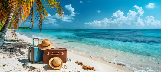 Beautiful beach at Maldives with a suitcase and a straw hat. Paradise beach tropical island background. View of nice tropical beach. Copy space for text.