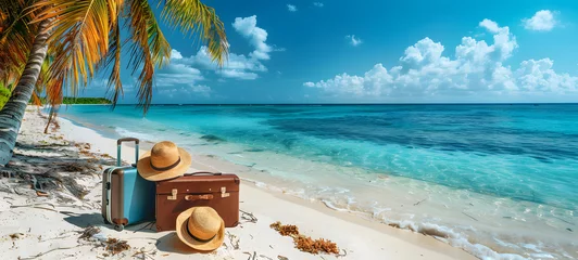 Türaufkleber Bereich Beautiful beach at Maldives with a suitcase and a straw hat. Paradise beach tropical island background. View of nice tropical beach. Copy space for text.