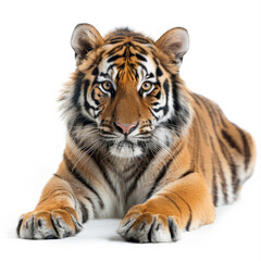 Obraz premium Majestic young Bengal tiger lying down, isolated on a white background with a piercing gaze.