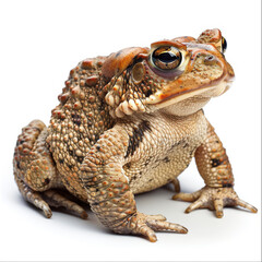 Detailed macro shot of a large toad showcasing its textured skin against a white background.