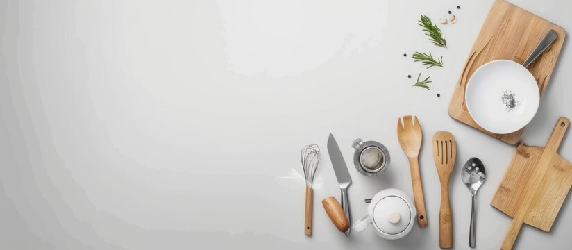 Mixed kitchen tools on gray background top view