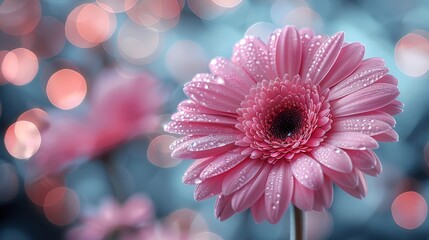  a close up of a pink flower with drops of water on the petals and a blue boke of lights in the background.
