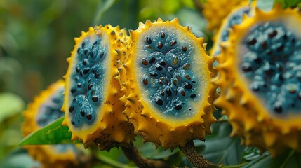  a close up of a bunch of fruit on a tree with water droplets on the inside of the fruit and on the outside of the inside of the fruit.