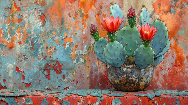  a potted plant sitting on top of a rusted metal table next to a wall with peeling paint on it.