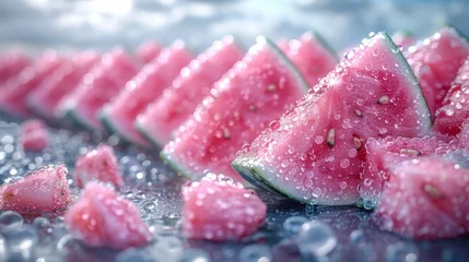 Foto op Plexiglas  a group of slices of watermelon sitting on top of a table covered in drops of watermelon. © Jevjenijs