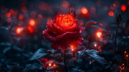  a close up of a red rose with drops of water on it's petals and a blurry background.