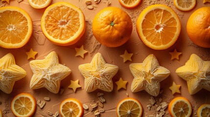  a group of oranges cut in half with stars and oranges cut in half to look like stars and oranges.