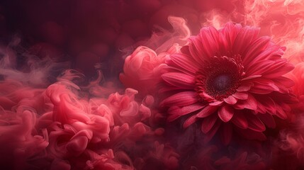  a close up of a red flower on a red and pink background with smoke coming out of the center of the flower. - obrazy, fototapety, plakaty