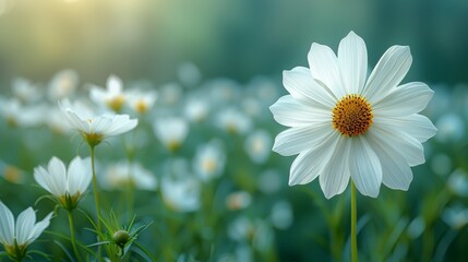  a white flower with a yellow center is in a field of white flowers with green stems and a blurry background. - obrazy, fototapety, plakaty