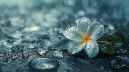  a white flower with a yellow center sitting on a wet surface with water droplets on the ground and a green leaf.