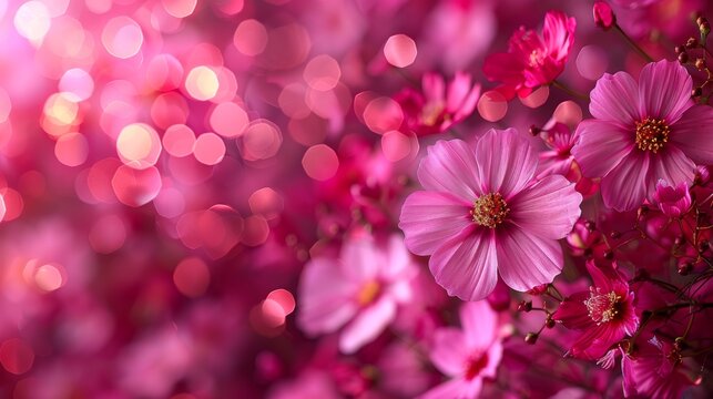  a bunch of pink flowers that are in front of a blurry image of the flowers on the right side of the frame.