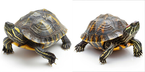 A detailed image of a red-eared slider turtle, commonly kept as a pet, against a white backdrop.