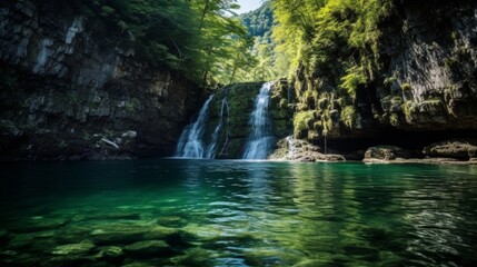 Waterfall in the wild with clear waters and sky